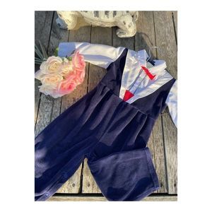 Vintage 80s Charming Originals Blue Velvet Tuxedo Romper Sz 24 Months
